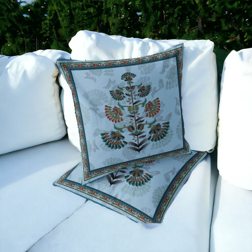 Set of Two 16" X 16" Blue and Green Botanical Indoor Outdoor Throw Pillow