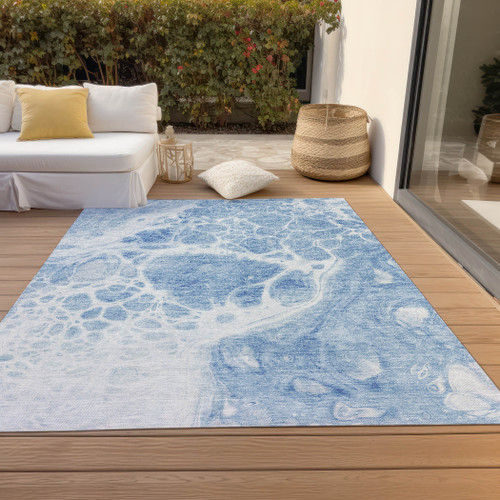 3' X 5' Sky Blue And Denim Blue Nautical Washable Indoor Outdoor Area Rug