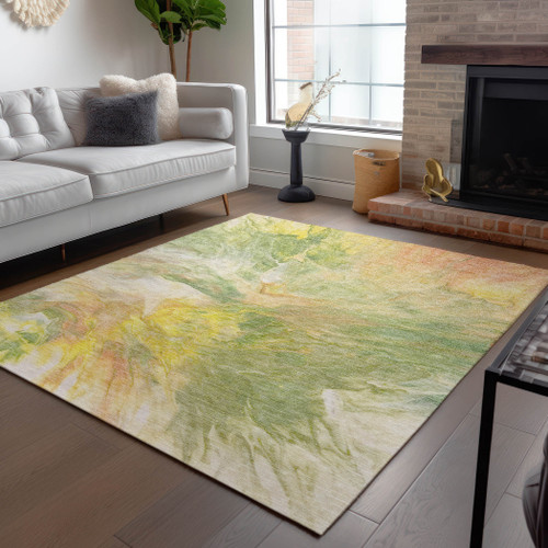 5' X 8' Green And Yellow Abstract Washable Indoor Outdoor Area Rug