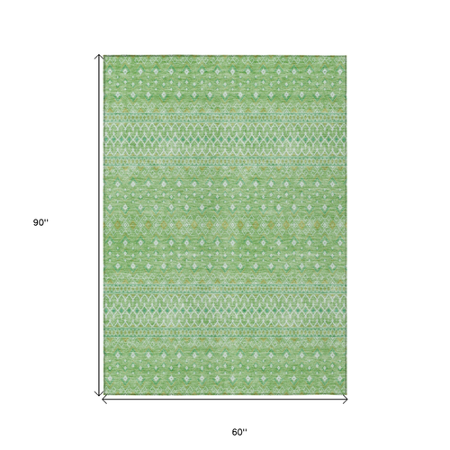 5' X 8' Green And Mint Green Tribal Washable Indoor Outdoor Area Rug