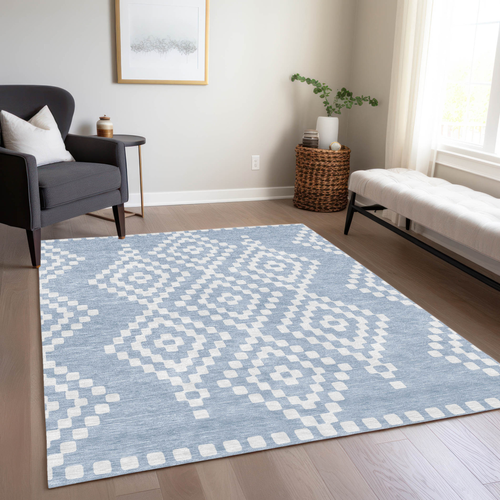 5' X 8' Denim Blue And Ivory Geometric Washable Indoor Outdoor Area Rug