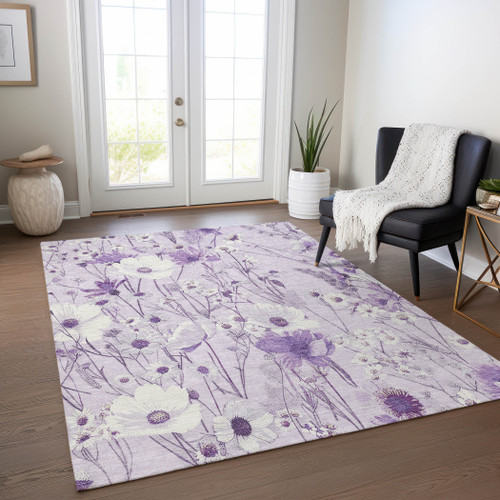 3' X 5' Lavender And Lilac Floral Washable Indoor Outdoor Area Rug