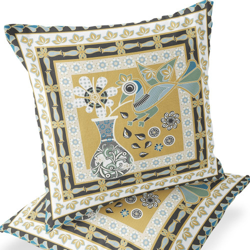Set of Two 16" X 16" Beige and White Peacock Blown Seam Floral Indoor Outdoor Throw Pillow Polyester Home Accent