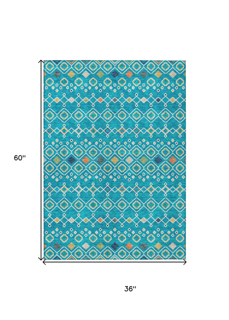 3' X 5' Teal Blue Ivory And Gold Geometric Washable Indoor Outdoor Area Rug