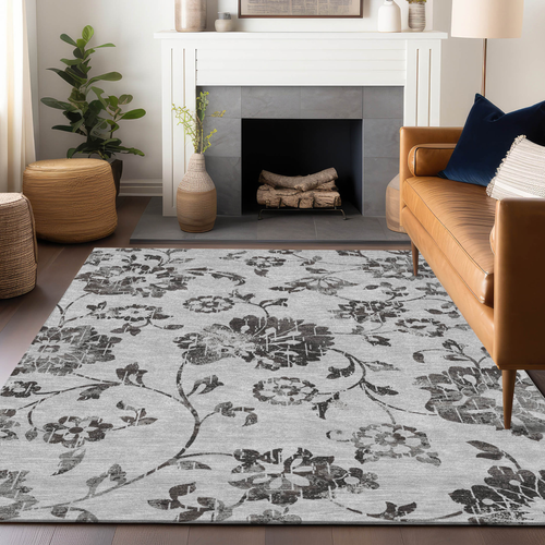 5' X 8' Gray Charcoal And Silver Floral Washable Indoor Outdoor Area Rug