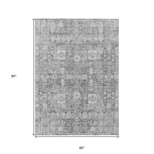 5' X 8' Gray Silver And Charcoal Oriental Washable Indoor Outdoor Area Rug