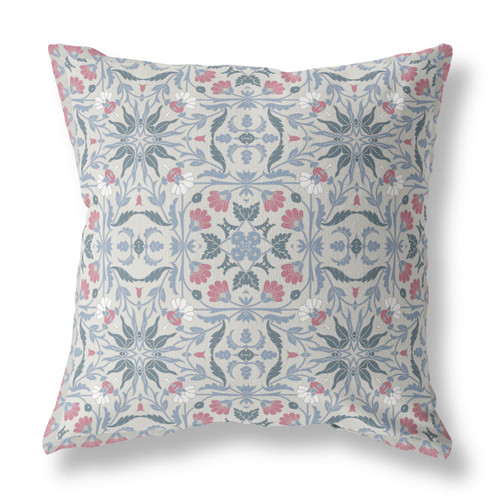 26” Pink Gray Paisley Indoor Outdoor Throw Pillow