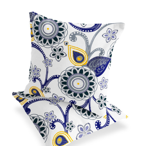 Set of Two 16" X 16" Blue and White Blown Seam Floral Indoor Outdoor Throw Pillow Polyester Home Accent