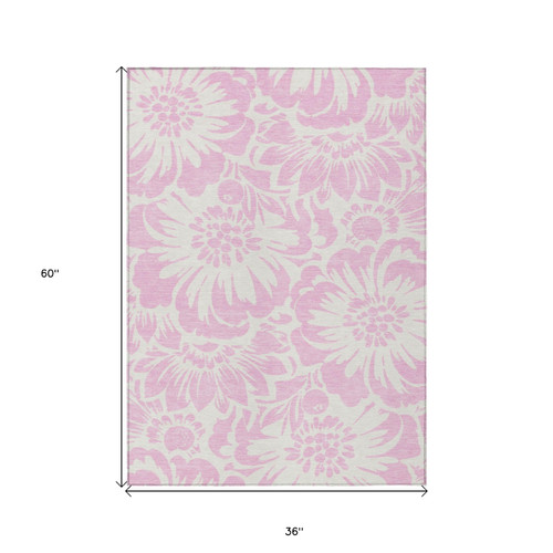 3' X 5' Pink and Ivory Floral Washable Non Skid Indoor Outdoor Area Rug