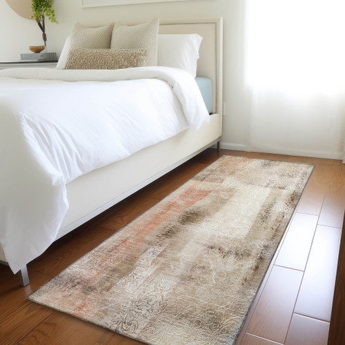 2' X 8' Beige and Brown Washable Non Skid Indoor Outdoor Runner Rug
