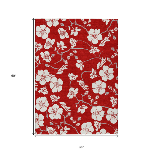 3' X 5' Red Ivory And Gray Floral Washable Indoor Outdoor Area Rug