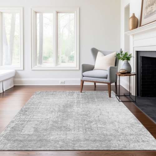 5' X 8' Silver And Gray Abstract Washable Indoor Outdoor Area Rug
