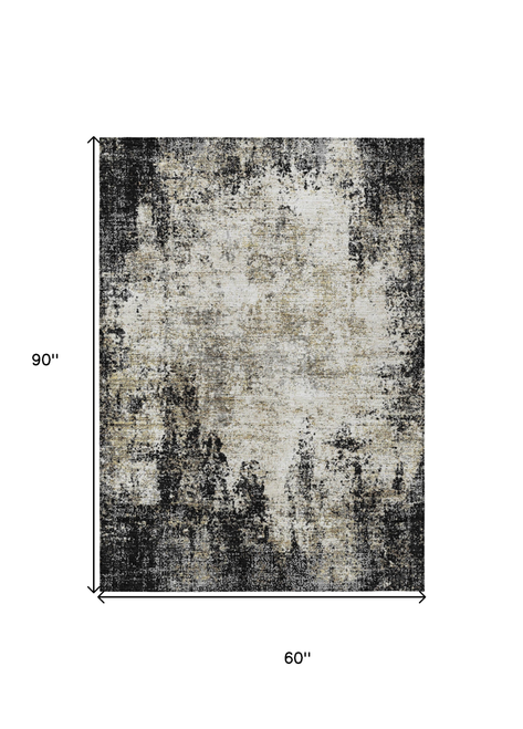 5' X 8' Black Ivory And Beige Abstract Washable Indoor Outdoor Area Rug