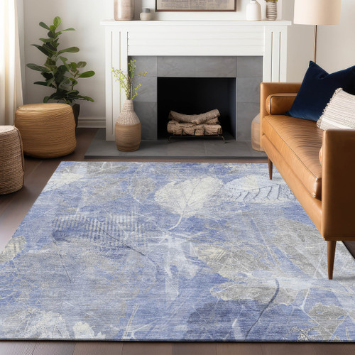 3' X 5' Denim Blue And Ivory Floral Washable Indoor Outdoor Area Rug - Denim Blue, Ivory