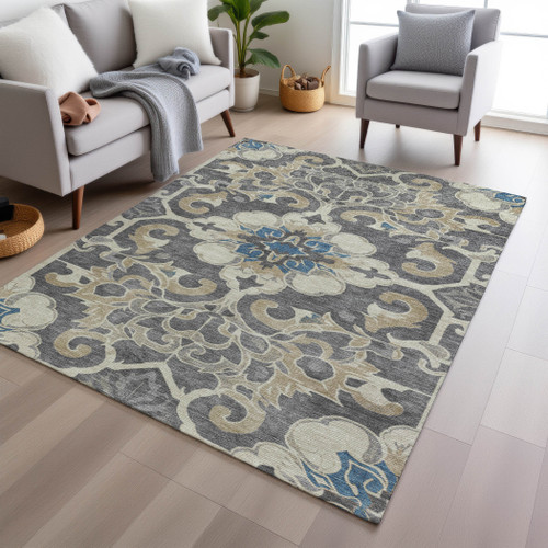 5' X 8' Beige And Charcoal Damask Washable Indoor Outdoor Area Rug
