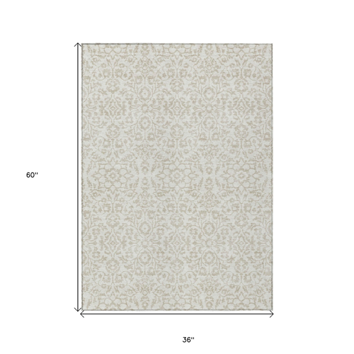 3' X 5' Ivory And Beige Damask Washable Indoor Outdoor Area Rug