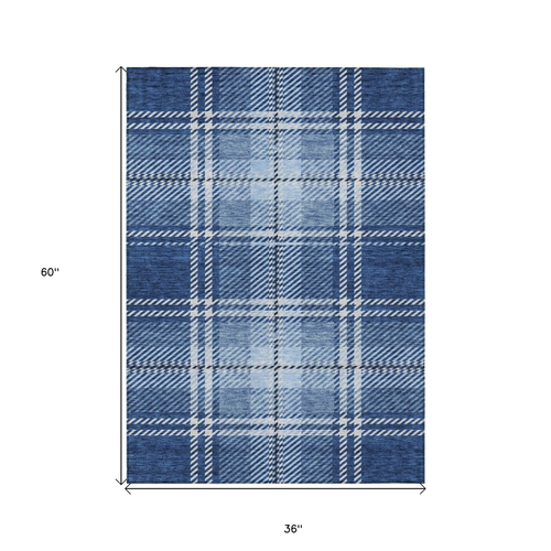 3' X 5' Navy Blue Black And Ivory Plaid Washable Indoor Outdoor Area Rug