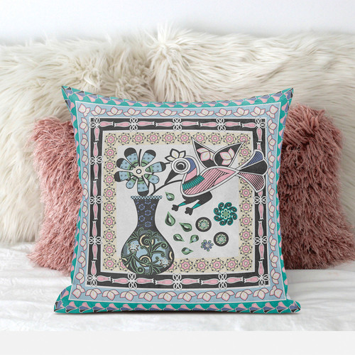 26" x 26" Gray Peacock Blown Seam Floral Indoor Outdoor Throw Pillow Home Accent