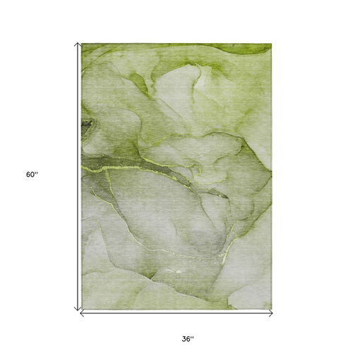 3' X 5' Olive Green Abstract Washable Non Skid Indoor Outdoor Area Rug