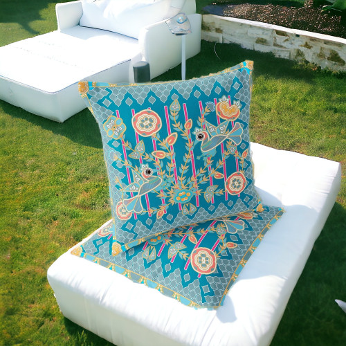 Set of Two 16" X 16" Blue and Gold Peacock Blown Seam Floral Indoor Outdoor Throw Pillow Polyester Decor