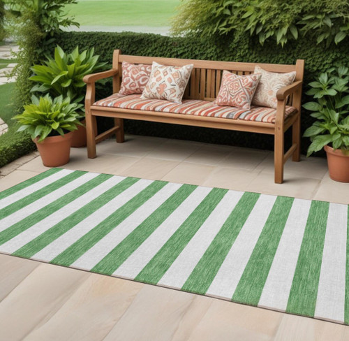 2' X 8' Green and White Striped Washable Indoor Outdoor Runner Rug