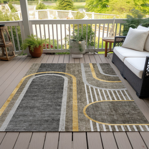 3' X 5' Gray Green and Gold Abstract Washable Non Skid Indoor Outdoor Area Rug