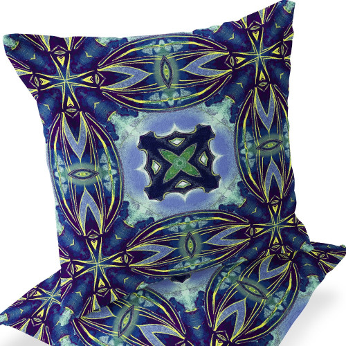 Set of Two 16" X 16" Blue and Green Blown Seam Floral Indoor Outdoor Throw Pillow Polyester Premium Quality