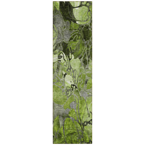 8' Runner Fern Green and Gray Floral Washable Non Skid Indoor Outdoor Runner Rug