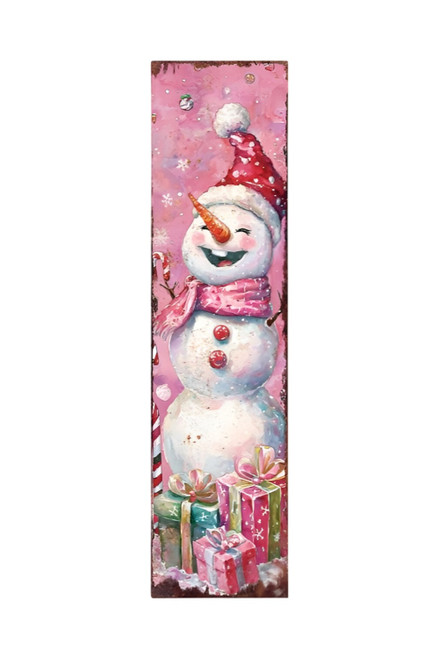 36" Pink Red And White Christmas Santa and Snowman Solid Wood Reversible Porch Sign