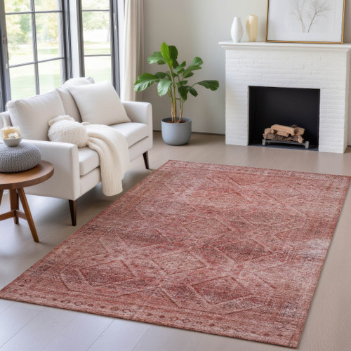 3' X 5' Pink And Ivory Geometric Washable Indoor Outdoor Area Rug