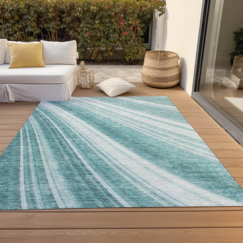 3' X 5' Teal Blue Turquoise And Aqua Striped Washable Indoor Outdoor Area Rug