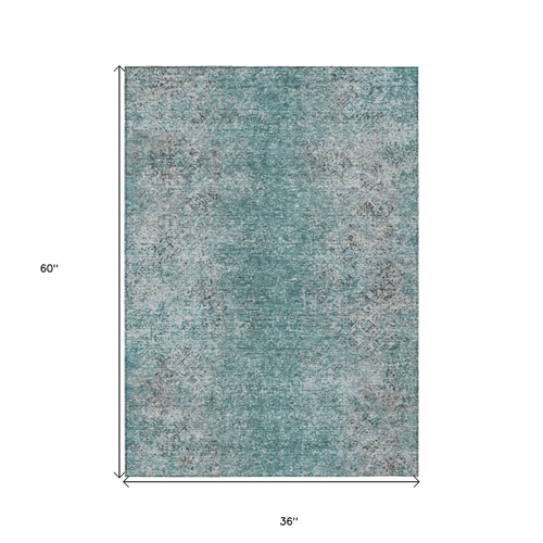 3' X 5' Teal Blue Gray And Charcoal Oriental Washable Indoor Outdoor Area Rug