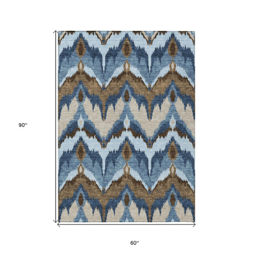 5' X 8' Denim Blue And Sky Blue Ikat Washable Indoor Outdoor Area Rug
