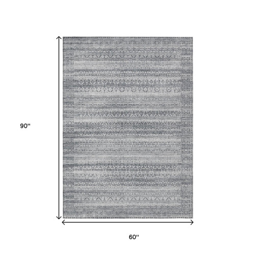 5' X 8' Gray And Silver Striped Washable Indoor Outdoor Area Rug - Gray, Silver