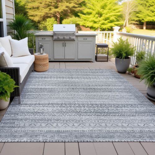 5' X 8' Gray And Silver Striped Washable Indoor Outdoor Area Rug