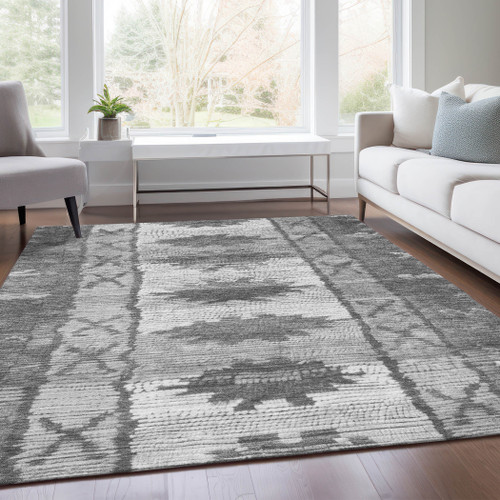 3' X 5' Gray And Ivory Tribal Washable Indoor Outdoor Area Rug