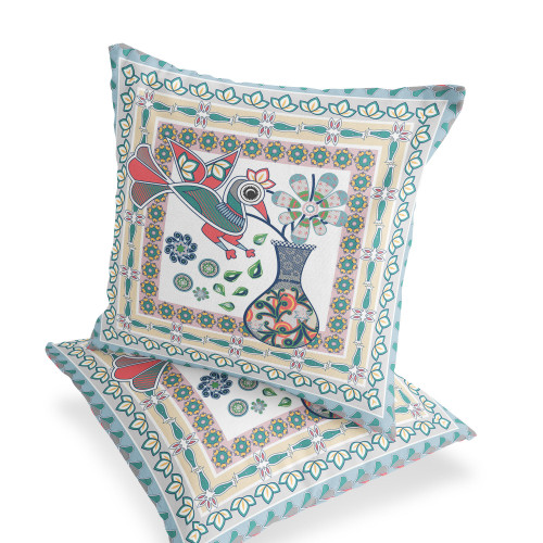 Set of Two 16" X 16" Pink and White Peacock Blown Seam Floral Indoor Outdoor Throw Pillow Polyester Home Accent