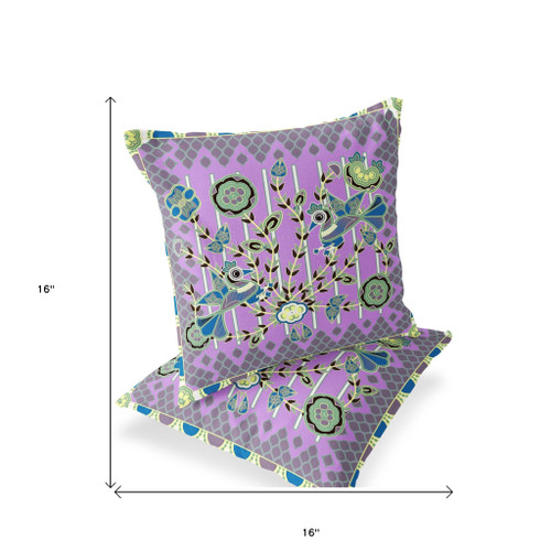 Set of Two 16" X 16" Green and Yellow Peacock Blown Seam Floral Indoor Outdoor Throw Pillow Polyester Decor