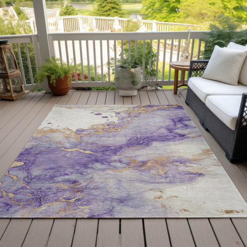5' X 8' Purple And Gold Abstract Washable Indoor Outdoor Area Rug