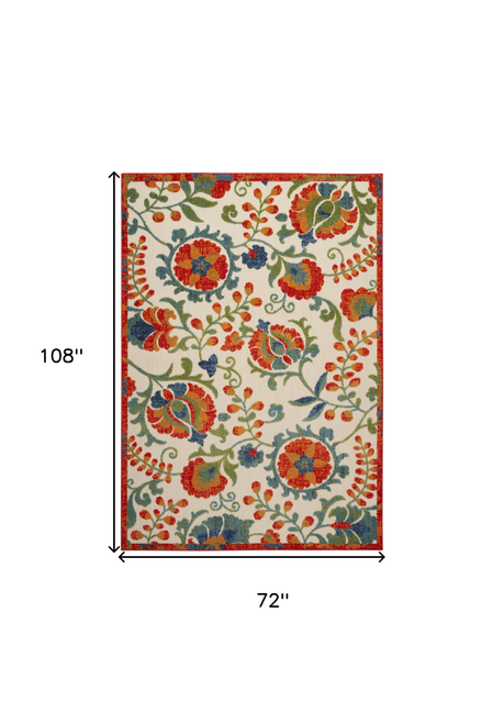 6' X 9' Red Gold Green And Teal Blue Floral Indoor Outdoor Area Rug