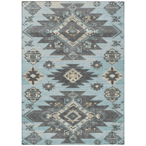 3' X 5' Teal Blue And Charcoal Tribal Washable Indoor Outdoor Area Rug