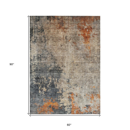5' X 8' Khaki Gray And Copper Abstract Washable Indoor Outdoor Area Rug
