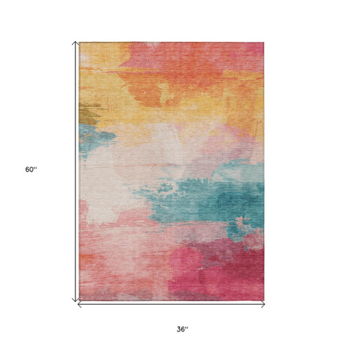 3' X 5' Pink Gold And Teal Blue Abstract Washable Indoor Outdoor Area Rug