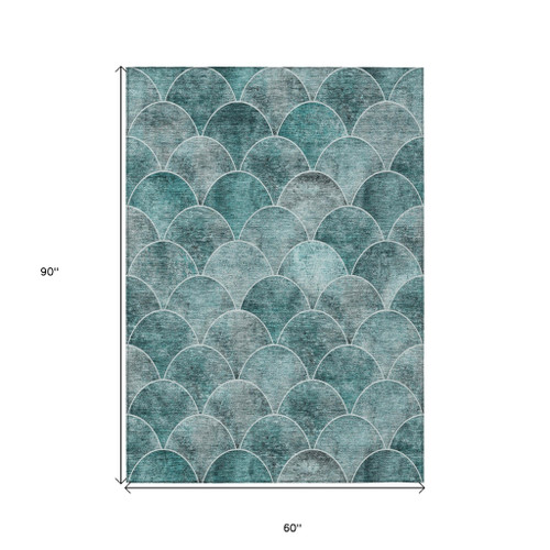 5' X 8' Teal Blue Aqua And Gray Abstract Washable Indoor Outdoor Area Rug