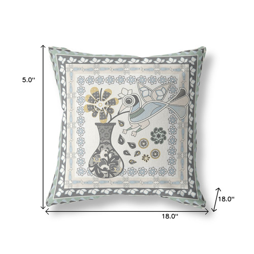 18" x 18" Cream Peacock Blown Seam Floral Indoor Outdoor Throw Pillow Classic Design