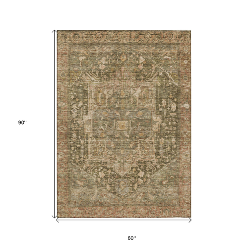 5' X 8' Fern Green Medallion Washable Indoor Outdoor Area Rug