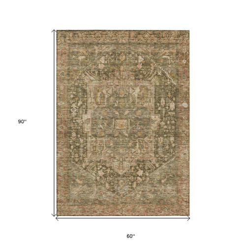 5' X 8' Fern Green Medallion Washable Indoor Outdoor Area Rug