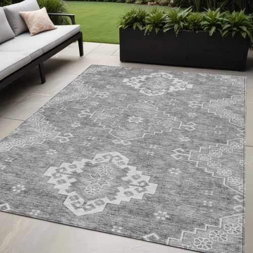 5' X 8' Gray And Ivory Medallion Washable Indoor Outdoor Area Rug