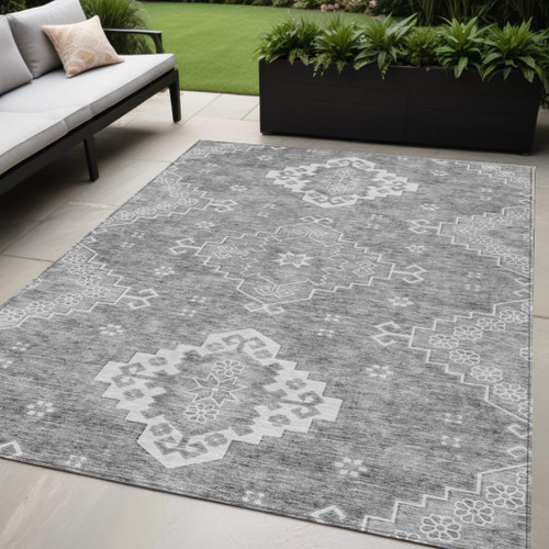 5' X 8' Gray And Ivory Medallion Washable Indoor Outdoor Area Rug
