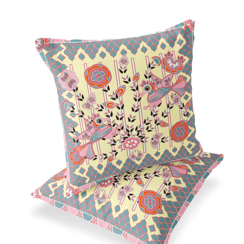 Set of Two 16" X 16" Gray and Yellow Peacock Blown Seam Floral Indoor Outdoor Throw Pillow Polyester Decor